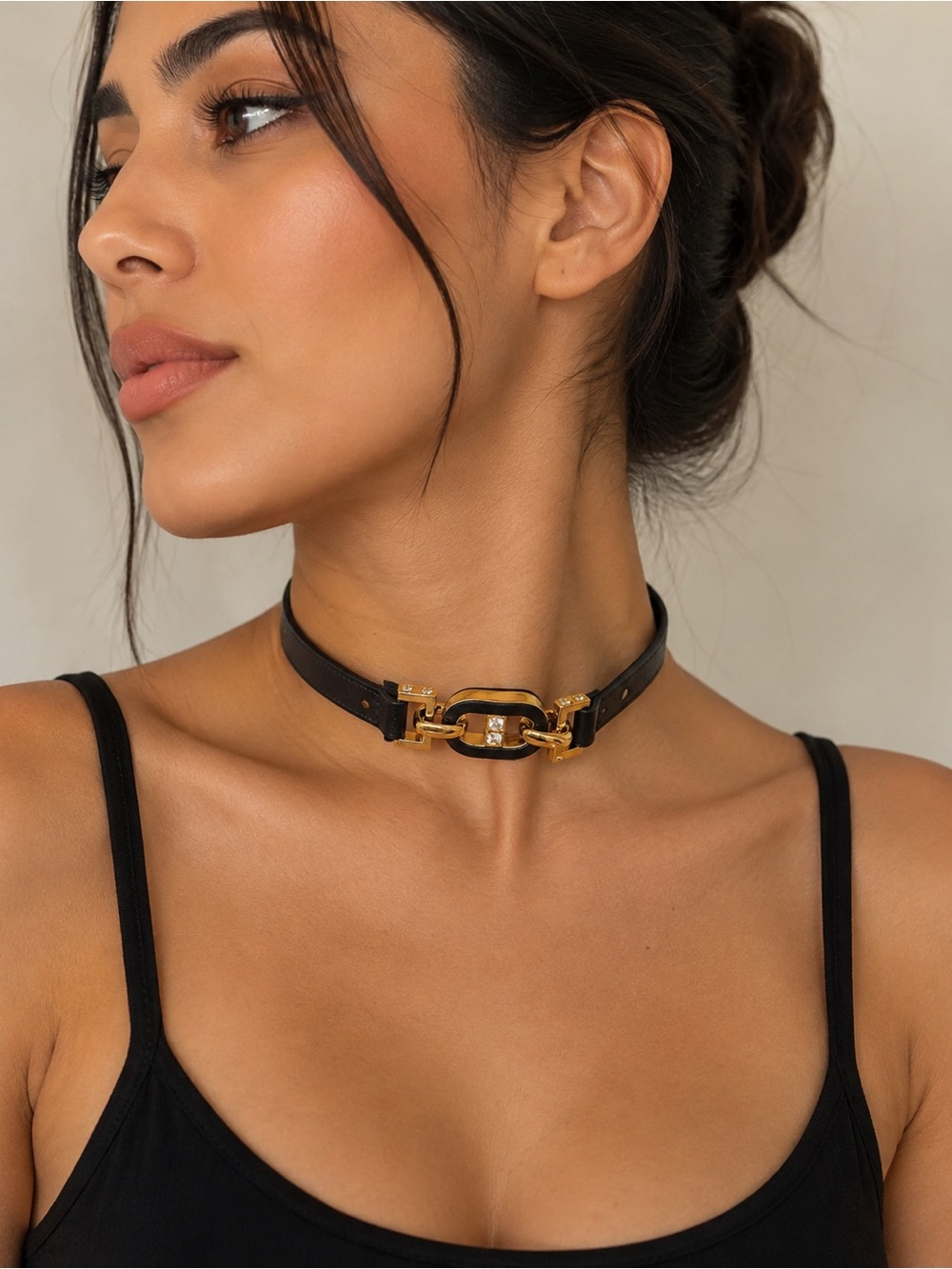 Ann Taylor Black Leather Choker with Gold Crystal Buckle - Women's Accessory